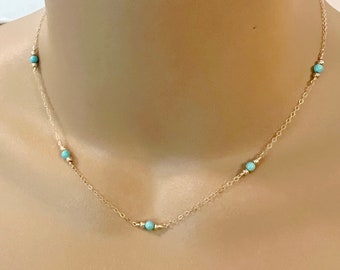 Dainty Gold Turquoise Necklace, Turquoise Beaded Necklace, Satellite Necklace, Gemstone Layering Necklace, 14k Gold Fill or Sterling Silver
