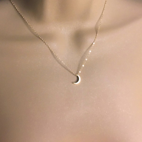 Dainty Crescent Moon Necklace, Tiny Matte Gold Charm, 14k Gold Filled Chain