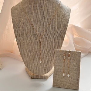 Lariat Necklace, Y Necklace, Cubic Diamond Pearl Necklace, Dainty Minimalist Necklace, Freshwater Diamond Pearl Drop Necklace Earring Set