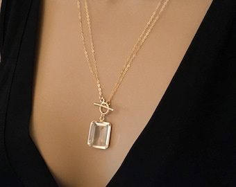 Clear Quartz Necklace Crystal Quartz Pendant Necklace Clear Crystal Emerald Cut Gemstone Necklace Toggle Clasp Gold Filled Double Chain