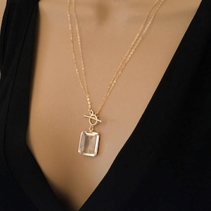 Clear Quartz Necklace Crystal Quartz Pendant Necklace Clear Crystal Emerald Cut Gemstone Necklace Toggle Clasp Gold Filled Double Chain