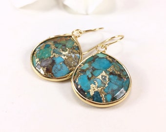 Turquoise Earrings, Gold Vein Turquoise Dangle Earrings, Teardrop Gemstone Earring, Bezel Set Turquoise Drop Earring, Unique Turquoise Stone