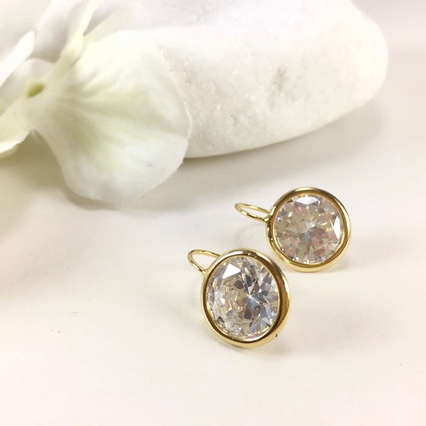 Round CZ Dangle Earrings Bezel Set Gold Cubic Earrings Large Cubic Zirconia Solitaire Earrings Cubic Ear Wire Earrings Statement Earrings