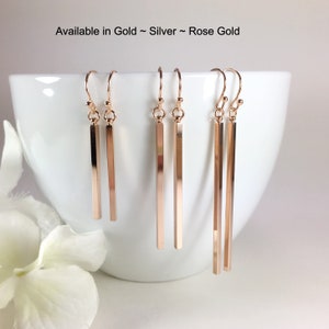 Simple Bar Drop Earrings Dainty Earrings Long Dangle Stick Earrings in Rose Gold Silver Minimalist Line Earrings Everyday Earrings