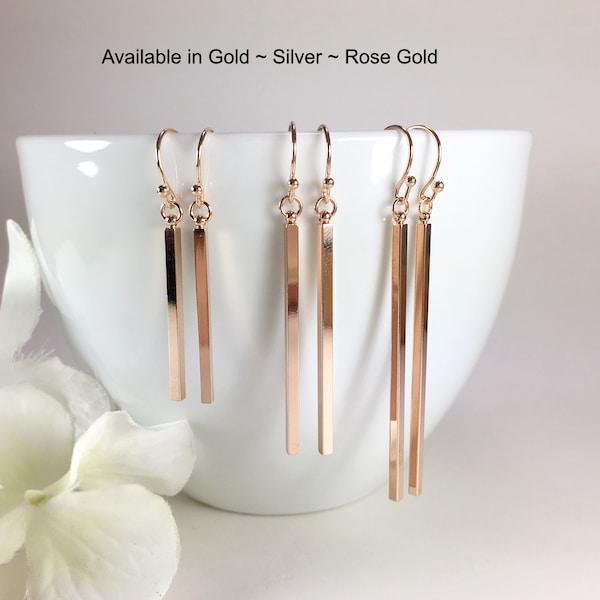 Simple Bar Drop Earrings Dainty Earrings Long Dangle Stick Earrings in Rose Gold Silver Minimalist Line Earrings Everyday Earrings