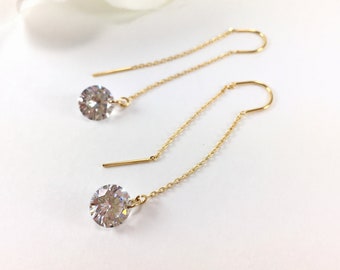 Threader Earrings Gold Chain Earrings CZ Thread Earrings Diamond Earrings Minimalist Long Dangle Earrings Simple Everyday Earrings Gift