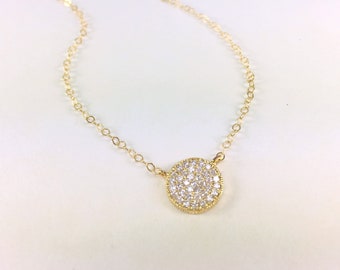 CZ Pave Disc Necklace, Gold Filled or Sterling Silver Chain