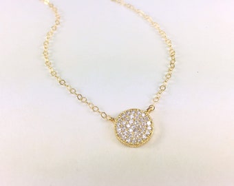 Disc Necklace Pave Necklace Circle Necklace Gold Silver Rose CZ Diamond Necklace Micro Pave Cubic Circle Necklace Delicate Layer Necklace