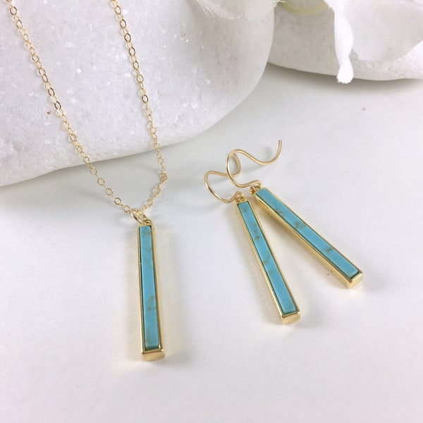 Turquoise Jewelry Set Gold or Silver Turquoise Bar Necklace and Earring Set Vertical Bar Necklace Horizontal Bar Turquoise Gemstone Set