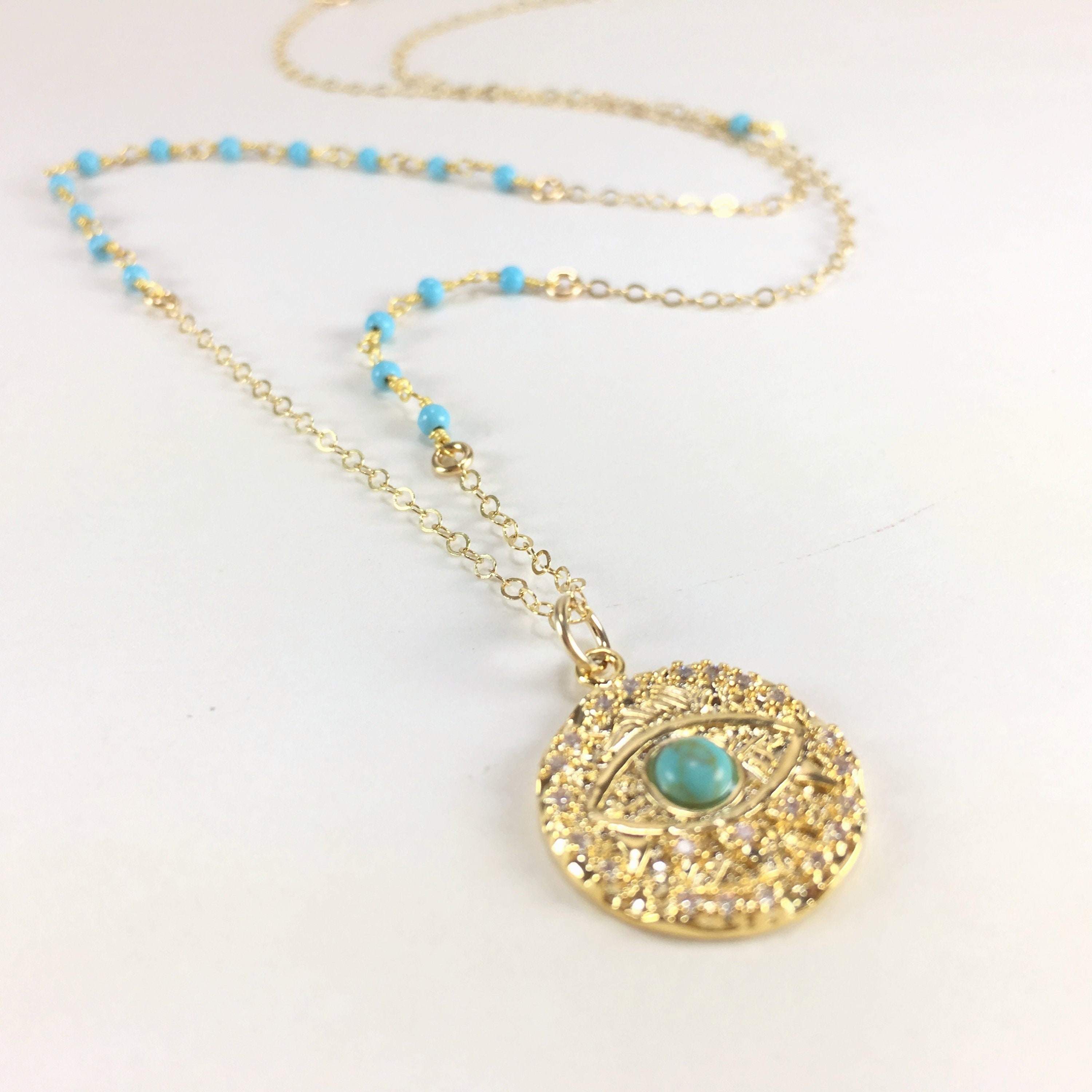 Evil Eye Medallion Necklace Gold Coin Necklace Turquoise - Etsy