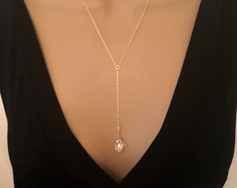 Kristall Teardrop Lariat Halskette, Gold Filled oder Sterling Silber
