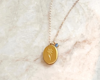 Collana con fiore di nascita in oro, ciondolo floreale inciso personalizzato, regalo di compleanno