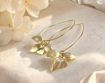 Orchid Floral Dangle Earrings, Gold or Silver Flower Jewelry, Romantic Botanical Wedding Bridesmaid Gift