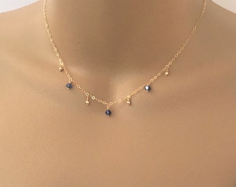 Dangle Bead Crystal Necklace Dainty Swarovski Crystal Beaded Necklace Delicate Minimalist Choker Necklace Layering Gold Fill or Silver