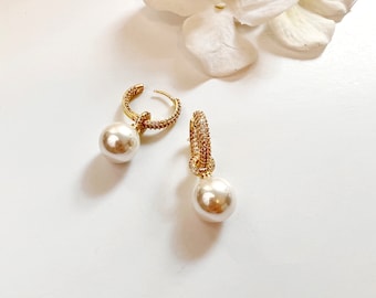Pearl Dangle Earrings, Cubic Hoop Earrings, Chunky Pearl Earrings, Round Pearl Drop Earrings, Wedding Bridal Earrings, Pearl Jewelry