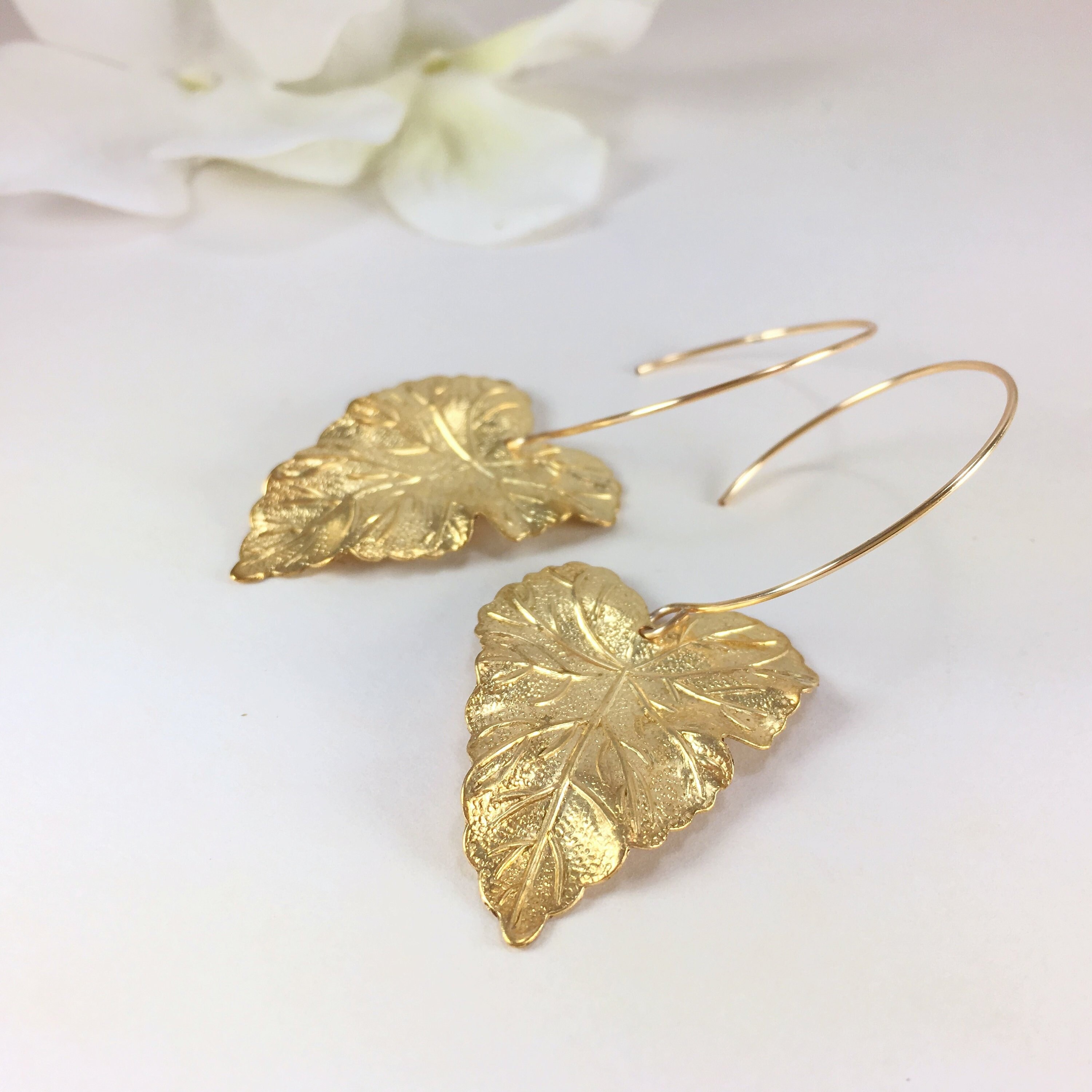 Large Leaf Earrings Dangle Gold Leaf Earrings Nature Inspired Etsy