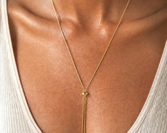 Bolo Lariat ketting, schuifbare bolo ketting, verstelbare ketting in goud of zilver, minimalistische slangenketting