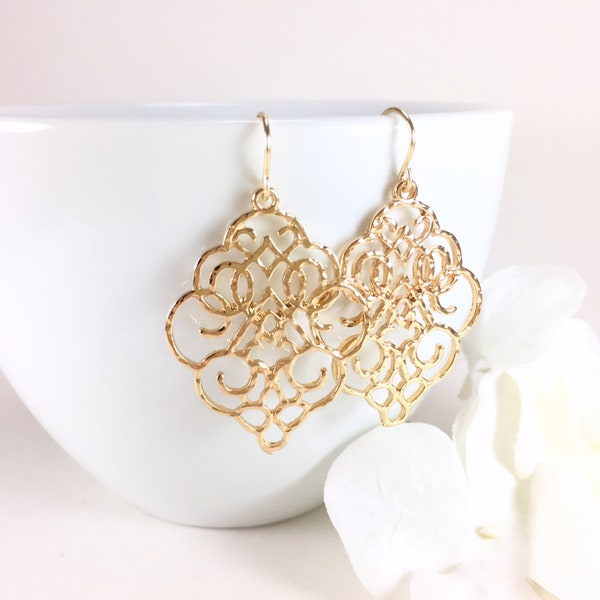 Filigree Earrings Moroccan Earrings Gold Silver Rose Hammered Earrings Medallion Statement Earrings Large Moroccan Dangle Drop Earrings