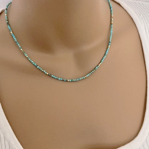 Turquoise Beaded Necklace, Tiny Turquoise Gemstone Necklace, Choker Necklace, Gold Filled or Sterling Silver Turquoise Jewelry Gift