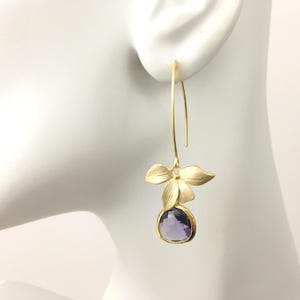 Floral Crystal Drop Earrings: Orchid Flower, Personalized Crystal Dangle, Gold or Silver