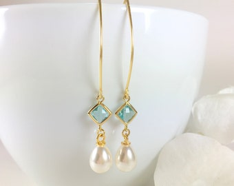 Pearl Earrings Gold Pearl Dangle Drop Earrings Aquamarine Pearl Earrings Aqua Pearl Wedding Bridal Earrings Bridesmaid Gift Pearl Jewelry