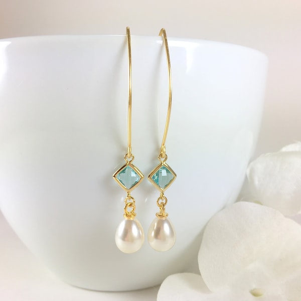 Pearl Earrings Gold Pearl Dangle Drop Earrings Aquamarine Pearl Earrings Aqua Pearl Wedding Bridal Earrings Bridesmaid Gift Pearl Jewelry