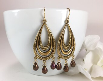 Antique Gold Chandelier Earrings Boho Earrings Gypsy Earrings Tribal Ethnic Earrings Bohemian Hippie Beaded Earrings Boho Gypsy Earrings