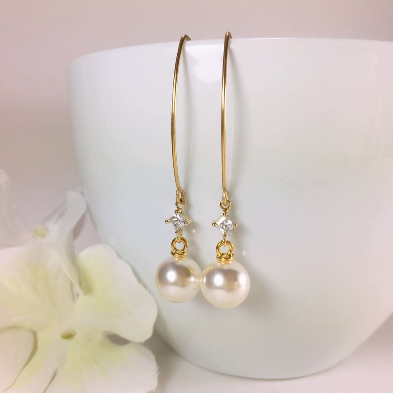 Pearl Earrings Gold Pearl Earrings Simple CZ Pearl Dangle | Etsy
