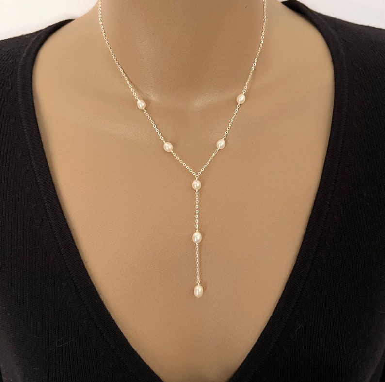 Freshwater Pearl Lariat Necklace Delicate Y Necklace Gold Silver Rose Pearl Satellite Necklace Simple Layering Necklace Bridesmaid Necklace image 10