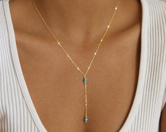 Turquoise Lariat Necklace, Dainty Y Drop Necklace, 14k Gold Filled or Sterling Silver