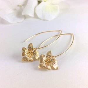 Gold Orchid Flower Long Dangle Earrings Floral Drop Earring Simple Everyday Day Earrings Bridesmaid Gift Birthday Mothers Day Friend Gift