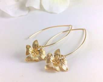 Gold Orchid Flower Long Dangle Earrings Floral Drop Earring Simple Everyday Day Earrings Bridesmaid Gift Birthday Mothers Day Friend Gift