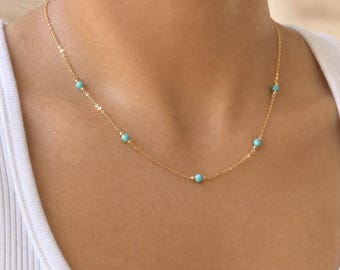 Vergulde turquoise kralen satellietketting, subtiele laagjesketting