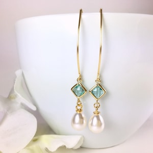 Pearl Aquamarine Dangle Earrings, Gold and Silver, Blue Bridal Jewelry, Bridesmaid Gift