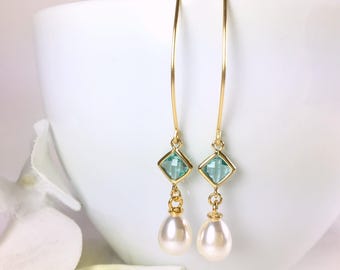 Pearl Aquamarine Dangle Earrings, Gold and Silver, Blue Bridal Jewelry, Bridesmaid Gift