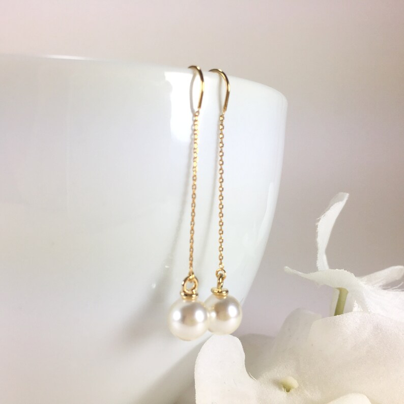 Pearl Threader Earrings Gold Chain Earrings Gold Threader Etsy
