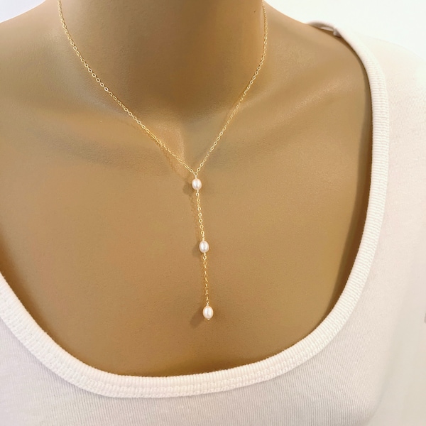 Dainty Lariat Necklace Delicate Y Necklace Gold Pearl Lariat Necklace Sterling Silver Simple Layering Necklace Bridesmaid Necklace Gift