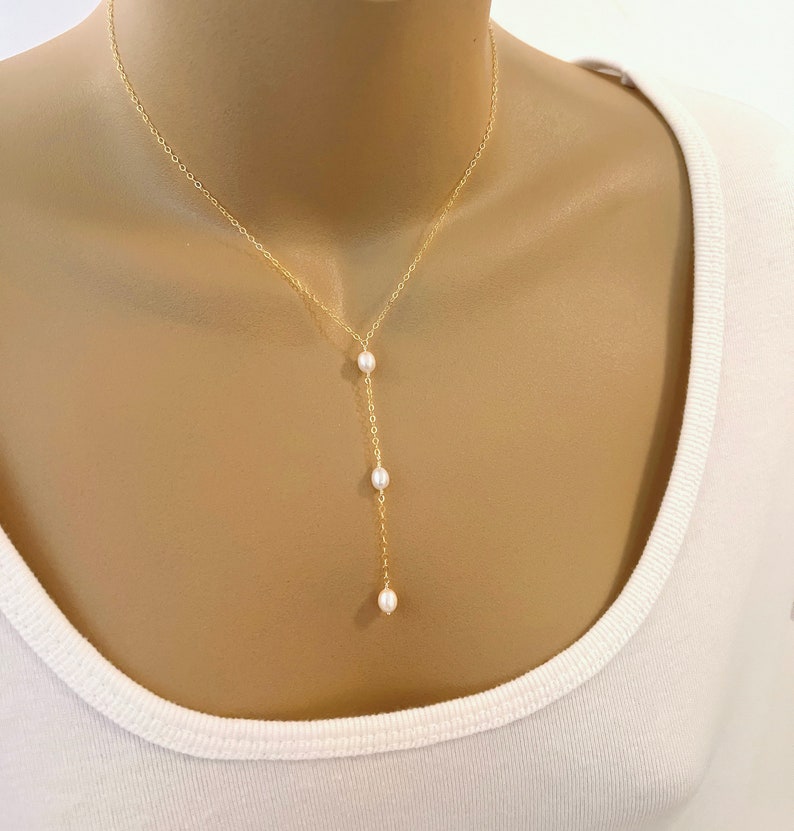 Dainty Lariat Necklace Delicate Y Necklace Gold Pearl Lariat Necklace Sterling Silver Simple Layering Necklace Bridesmaid Necklace Gift image 1