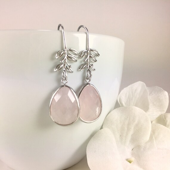 Rose Quartz Earrings with Gold Leaves