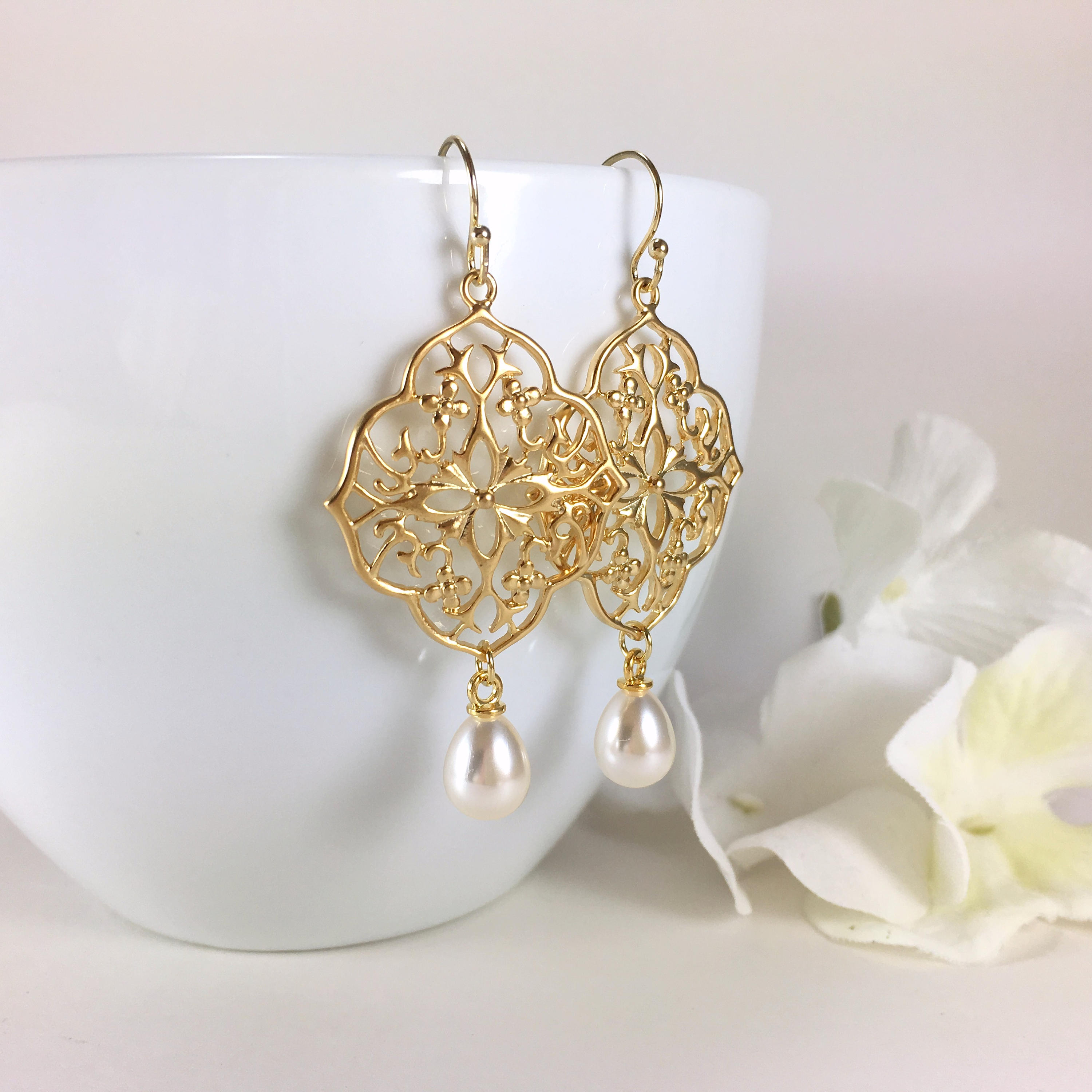 Pearl Drop Earrings Gold Filigree Pearl Dangle Earrings Etsy