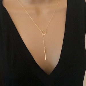 Circle Bar Lariat, Y Necklace, Lariat Necklace, Minimalist Necklace, Gold Circle Necklace with Bar Necklace, Chain Drop Necklace, Layering