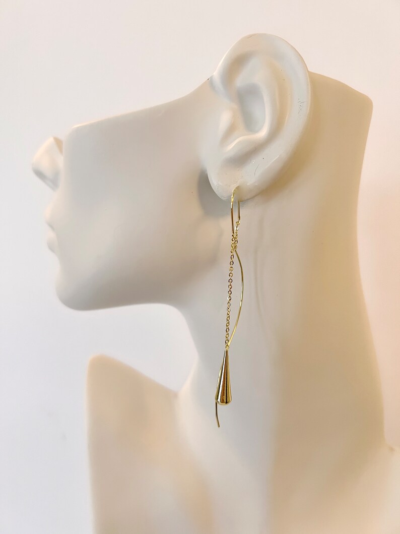 Boucles doreilles Teardrop Threader, Gold Water Drop Threaders, Boucles doreilles en chaîne, Boucles doreilles Long Dangle, Boucle doreille minimaliste, Boucles doreilles à pompon tendance image 3