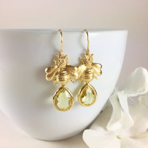 Boucles d&#39;oreilles abeilles Boucles d&#39;oreilles abeilles dorées Boucles d&#39;oreilles pendantes citrine jaune Boucles d&#39;oreilles larmes abeilles dorées Bijoux abeilles Idée cadeau pour les amateurs d&#39;abeilles