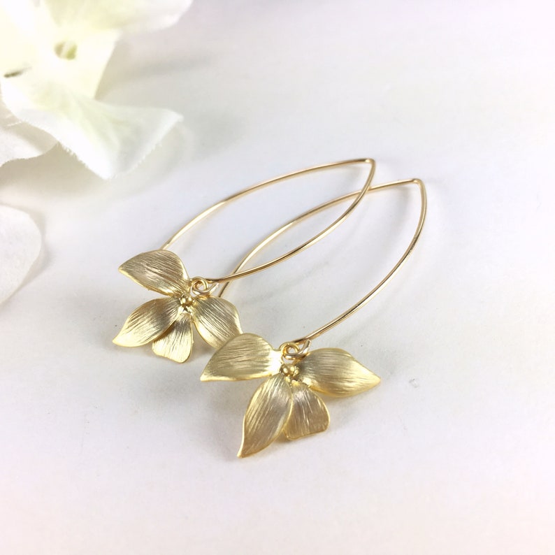 Gold Orchid Flower Long Dangle Earrings Silver Orchid Wedding Etsy