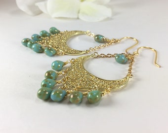 Gypsy Earrings Boho Gypsy Dangle Earrings Gold Turquoise Hippie Earrings Beaded Chandelier Filigree Teardrop Earrings Green Gold Earrings