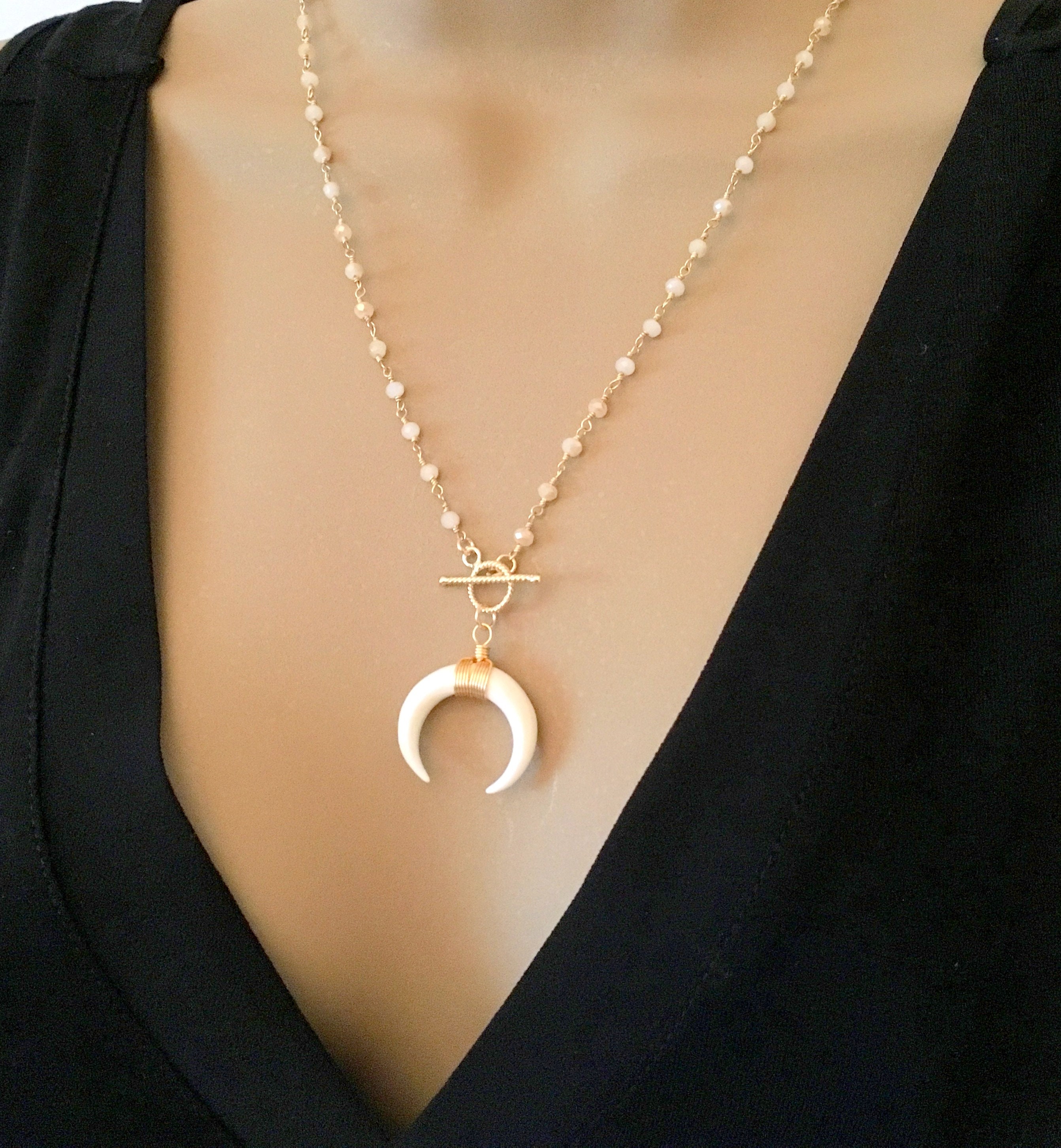 Double Horn Necklace Gold Crescent Moon 