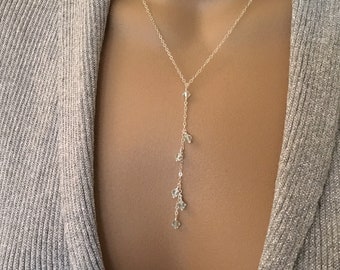 Dainty Lariat Necklace Delicate Y Necklace Crystal Lariat Necklace Sterling Silver Simple Layering Necklace Bridesmaid Necklace Gift