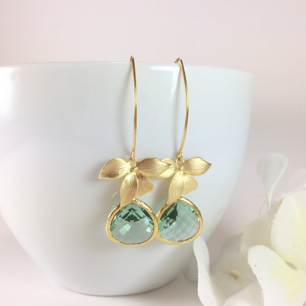 Aqua Earrings Aqua Gold Flower Earrings Aqua Dangle Earrings Blue Aquamarine Earrings Gold Orchid Earrings Wedding Earrings Bridesmaid Gift