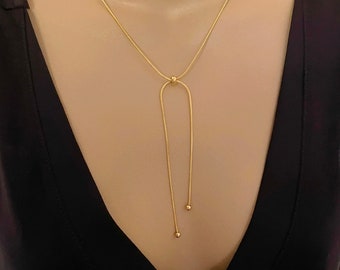 Bolo Lariat Necklace, Sliding Bolo Necklace, Gold Adjustable Necklace, Minimalist Snake Chain Necklace