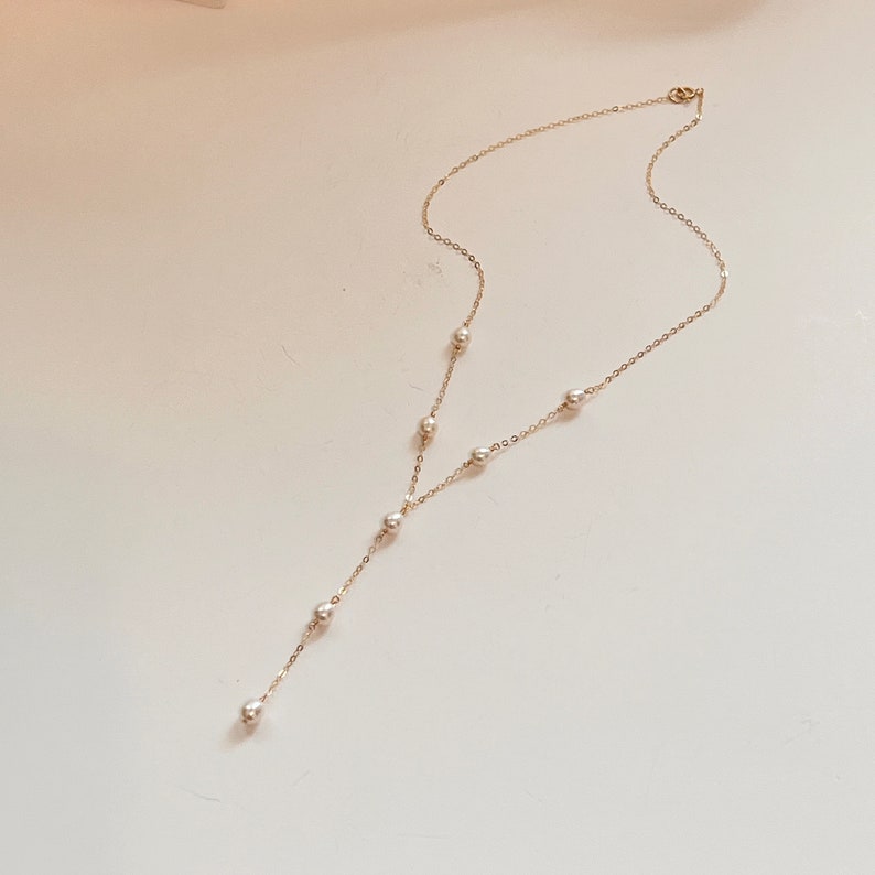 Freshwater Pearl Lariat Necklace Delicate Y Necklace Gold Silver Rose Pearl Satellite Necklace Simple Layering Necklace Bridesmaid Necklace image 6